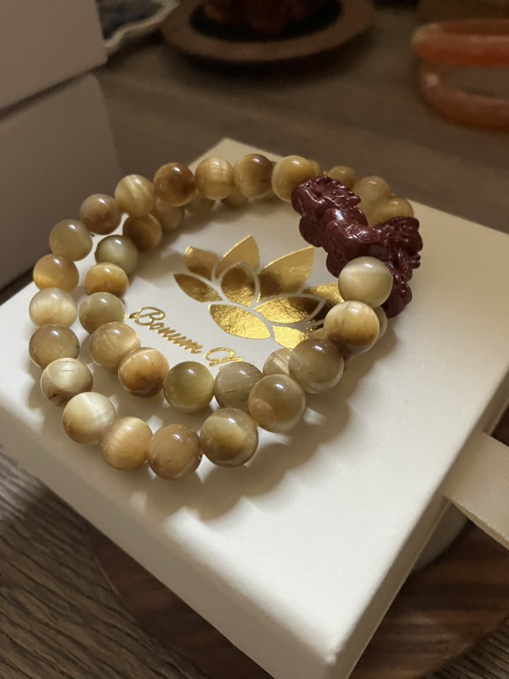 Golden Tiger’s Eye Bracelet with a Cinnabar Pixiu charm