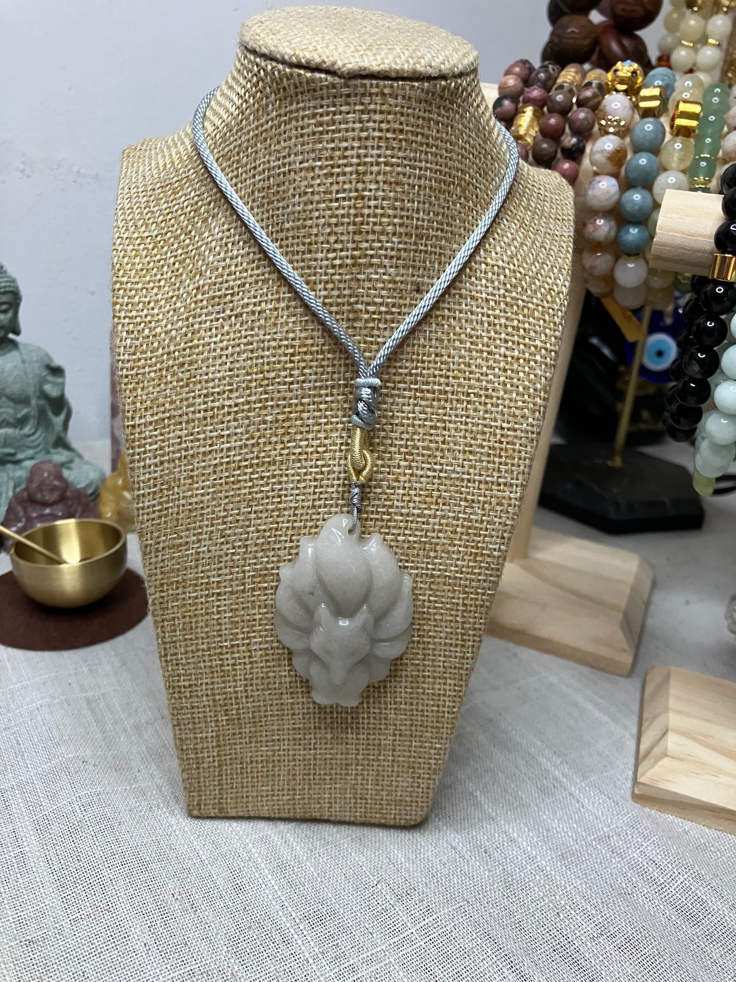 Nine-Tailed Fox Hetian Jade Cord Necklace