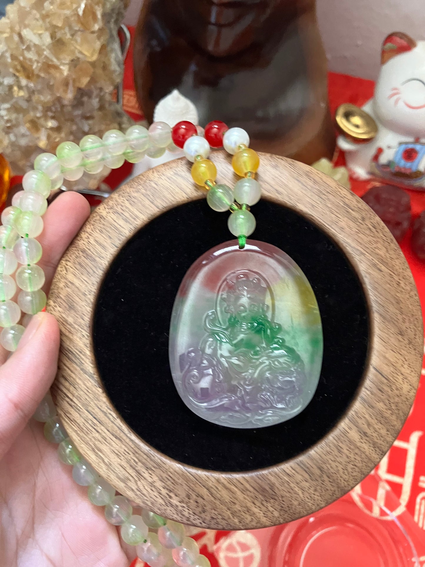 Icy Floating Guanyin Budai Jadeite God of Wealth Necklace