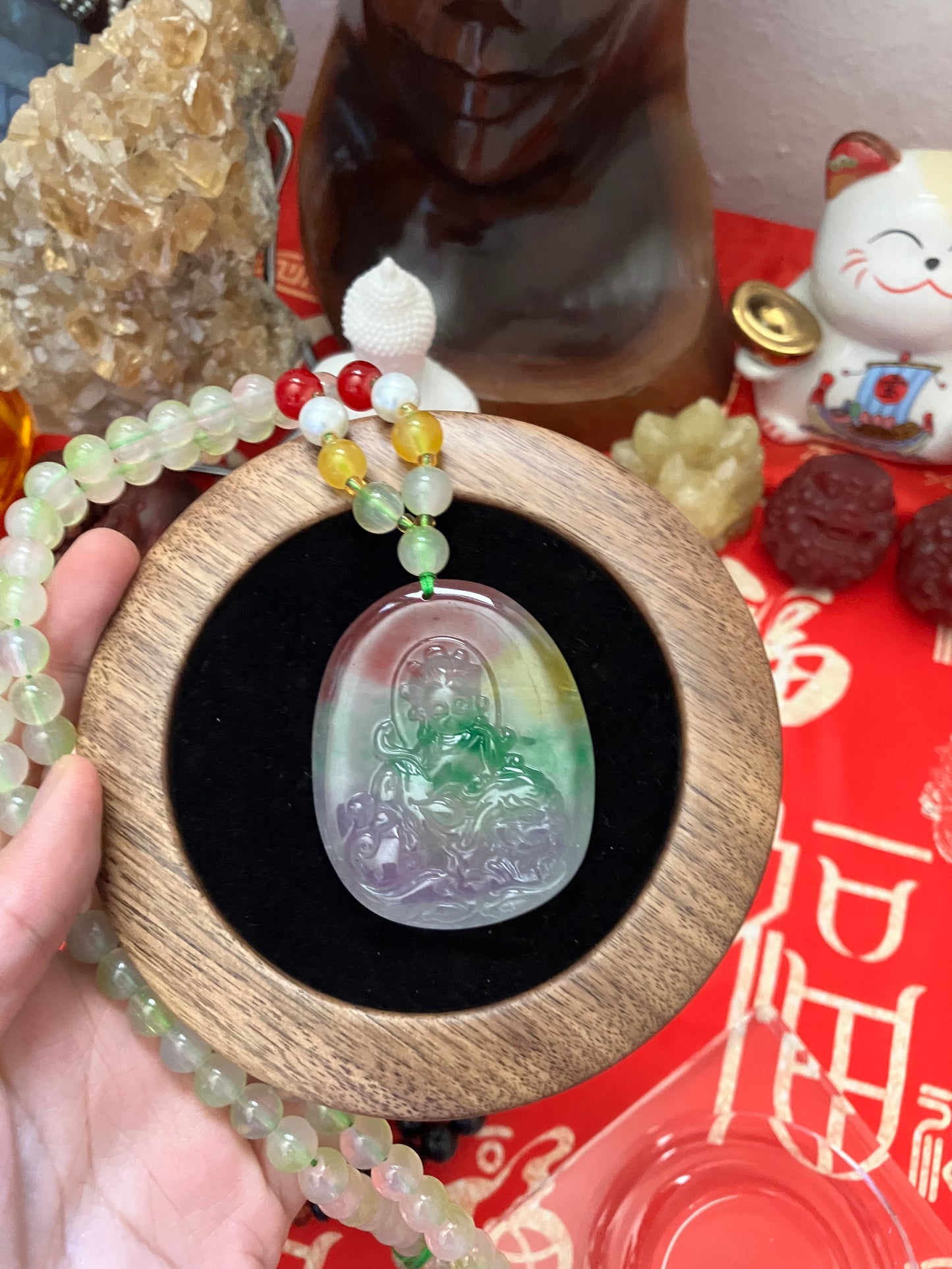 Icy Floating Guanyin Budai Jadeite God of Wealth Necklace
