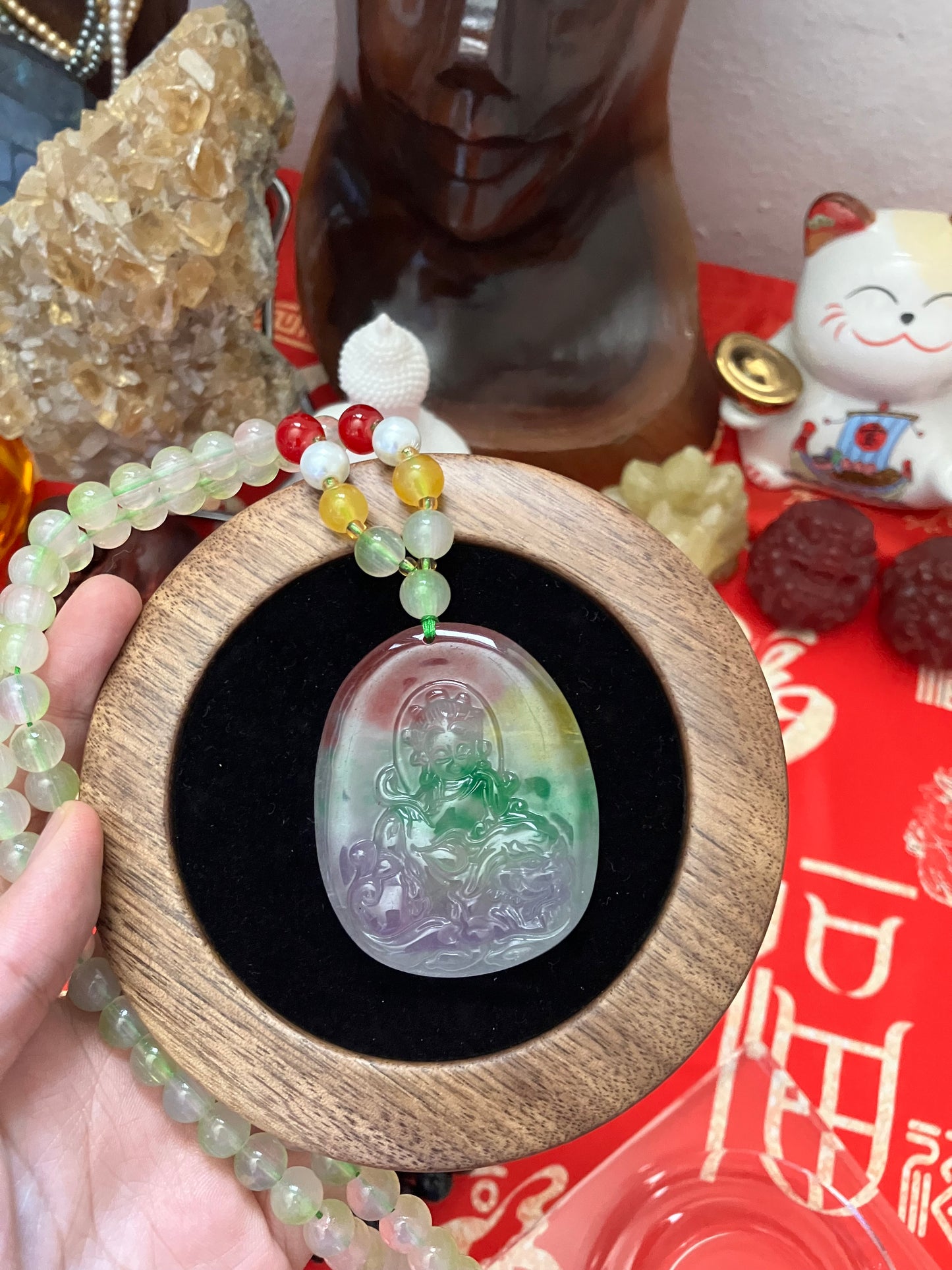 Icy Floating Guanyin Budai Jadeite God of Wealth Necklace