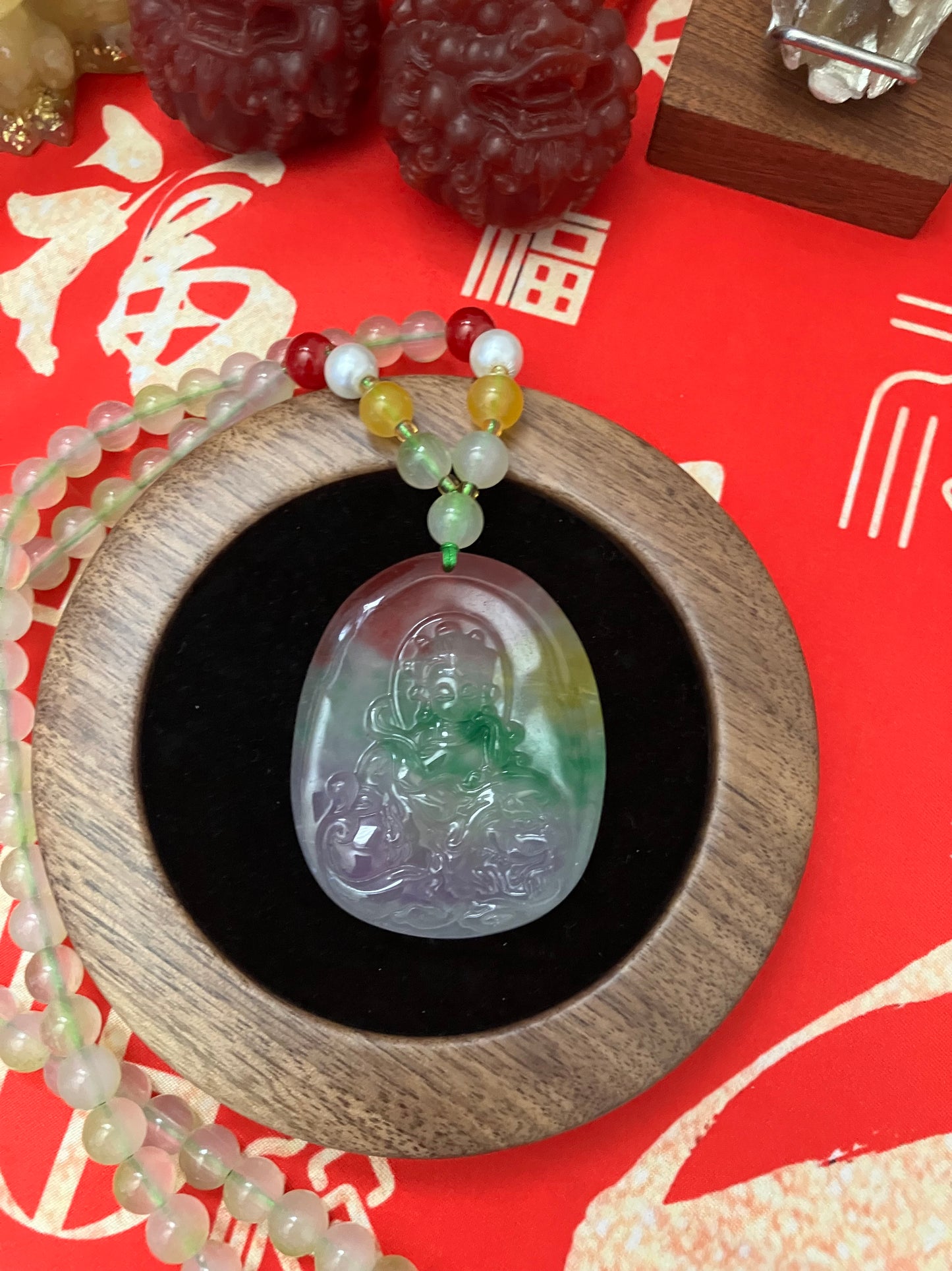 Icy Floating Guanyin Budai Jadeite God of Wealth Necklace