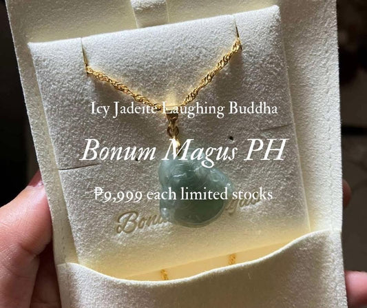 Grade AAA Icy Burmese Jadeite Laughing Budda s925 Gold Necklace